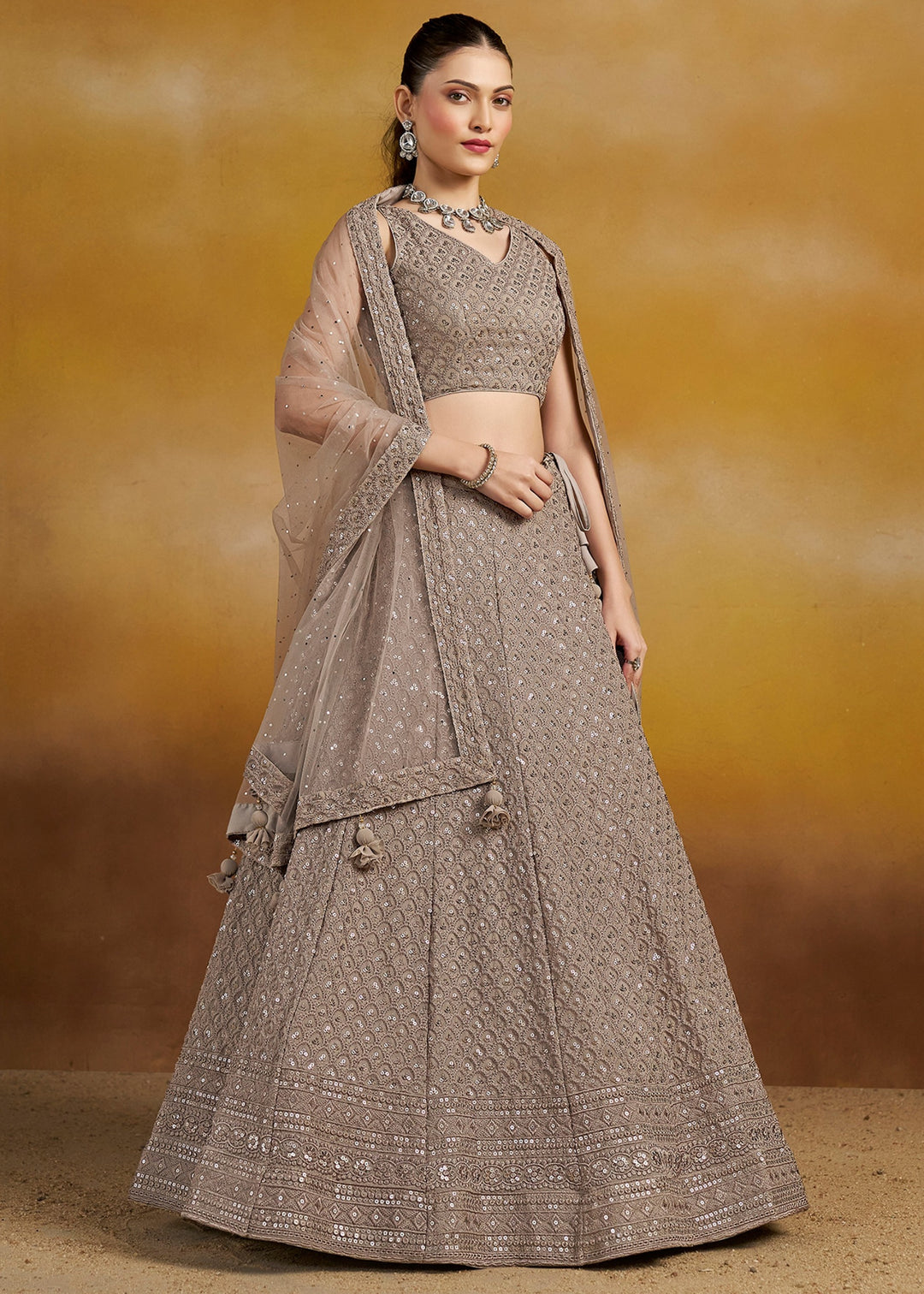 Grey Georgette Lehenga With Sequins and Thread Embroidered Work
