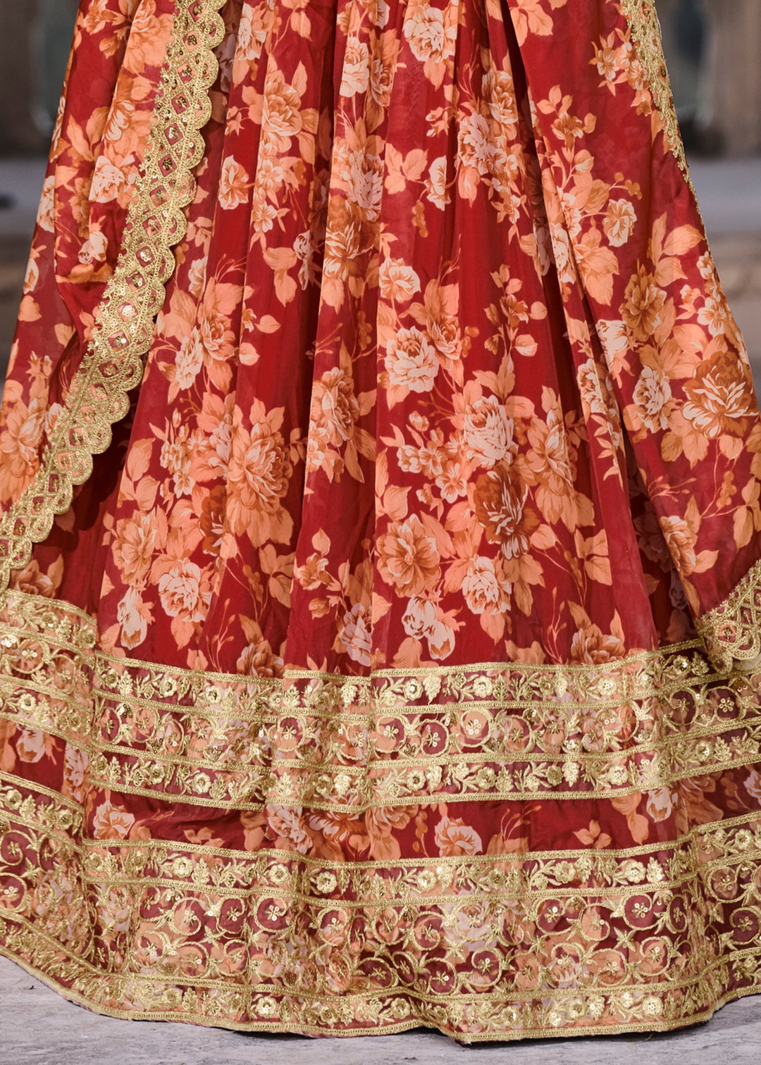 Carmine Red Floral Printed Organza Lehenga with Zari, Dori & Sequins Work