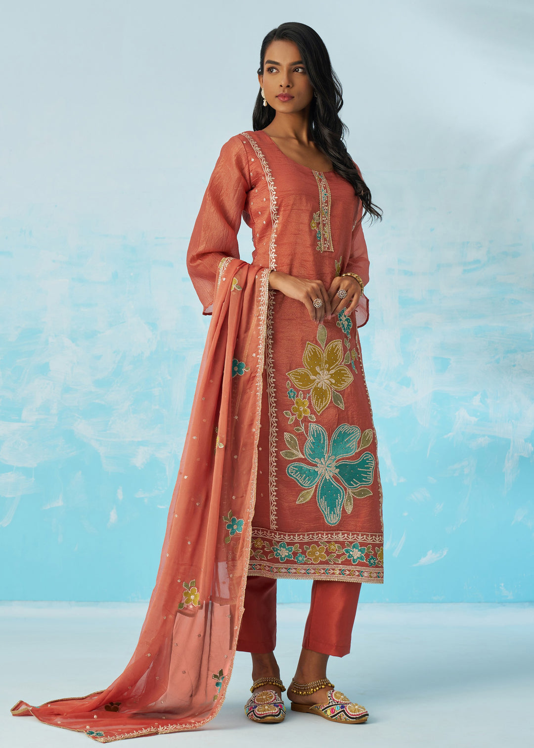 Burnt Coral Salwar Suit With Dupatta