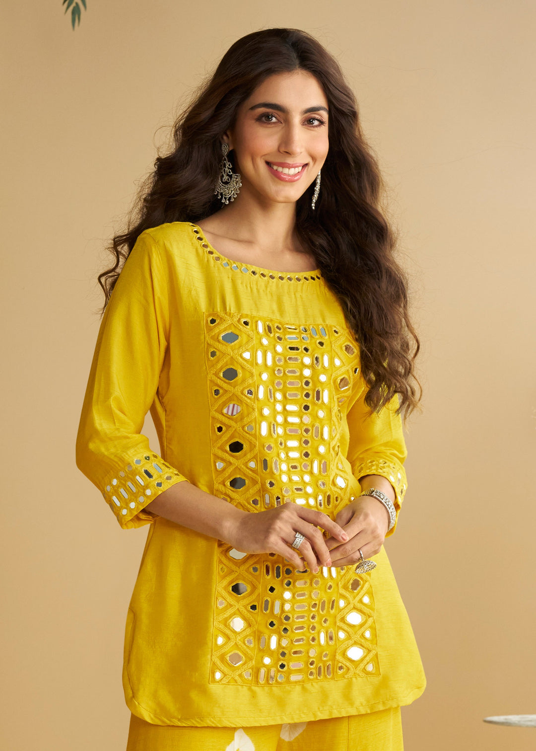 Sunny Mustard Yellow Silk Palazzo Suit Ensemble With White Embroidered Motifs