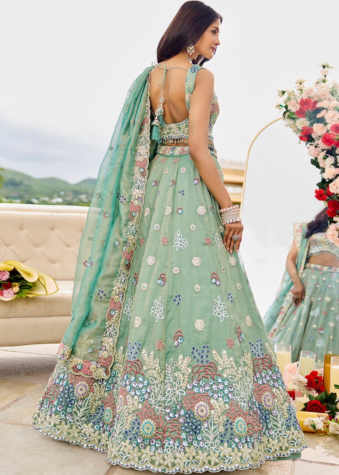 Limegreen Satin Silk Lehenga Choli with Sequinned Embroidered