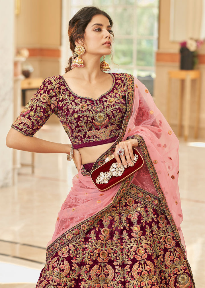 Maroon Red Velvet Lehenga Choli With Thread & Zari Embroidery Work