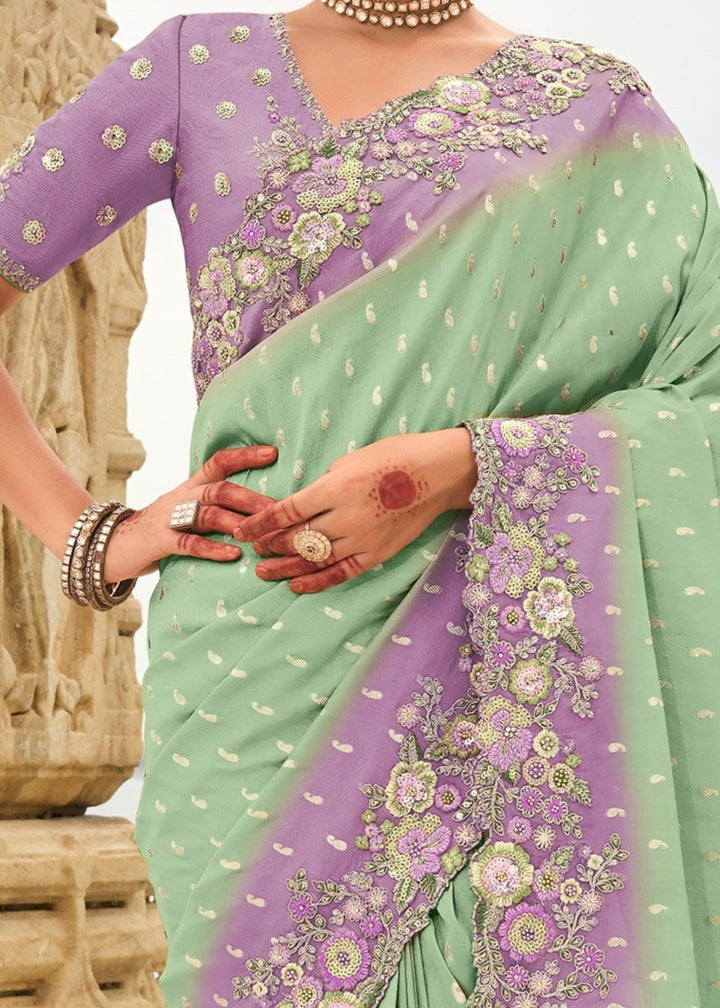Mint Silk Saree With Embroidery Cut and Butti Work
