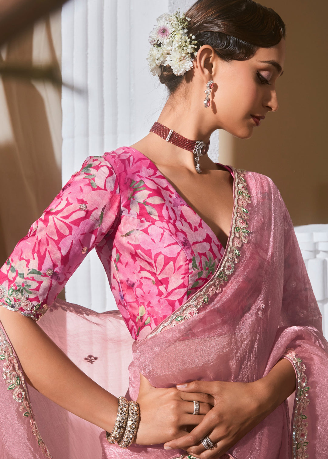 Light Pink Fancy Silk Saree With Printed Blouse