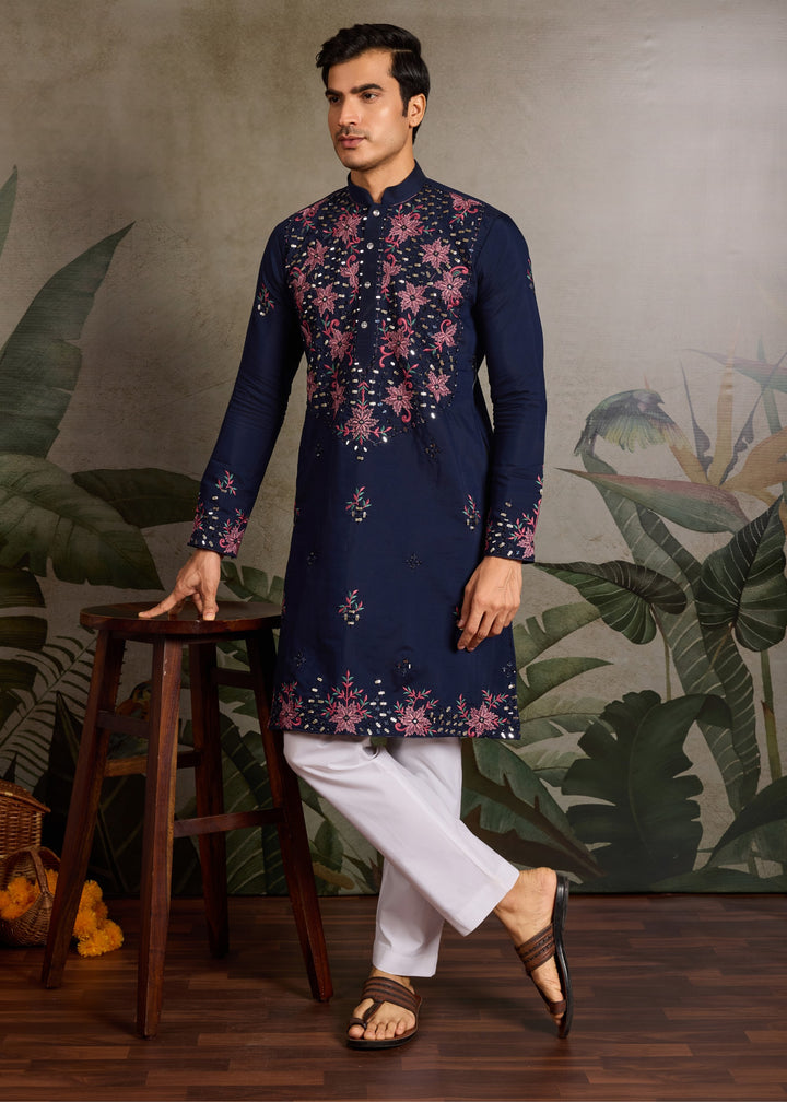 Navy Blue Mens Wear Silk Kurta with Pant