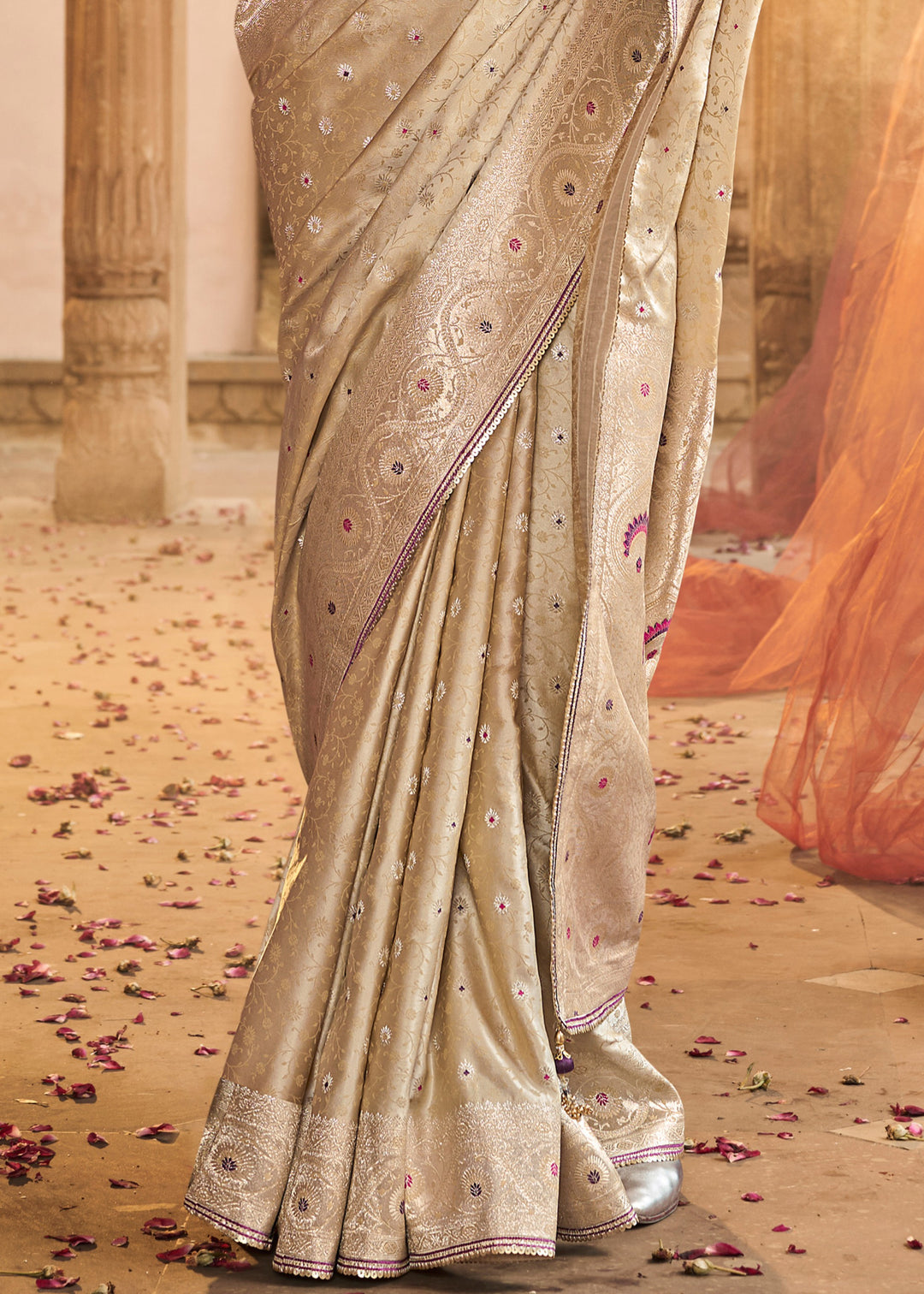 Warm White Satin Silk Saree With Beautiful Lace Border And Heavy Designer Embroidered Blouse : Top Pick