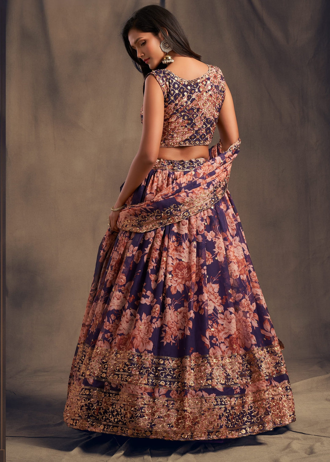 Purple Organza Lehenga Sequins Zari Embroidery Work