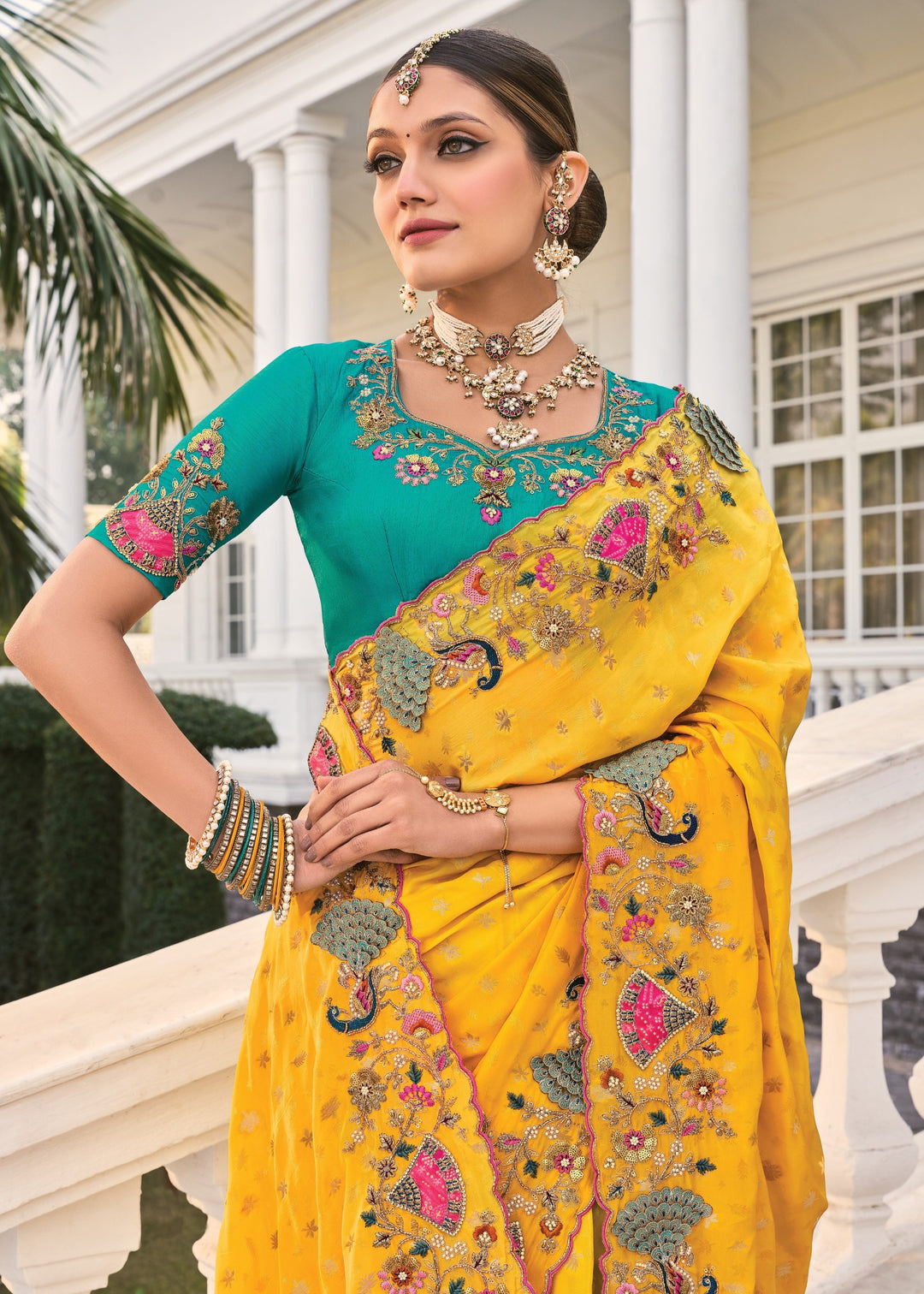 Yellow Natural Crape Saree With Moti Work
