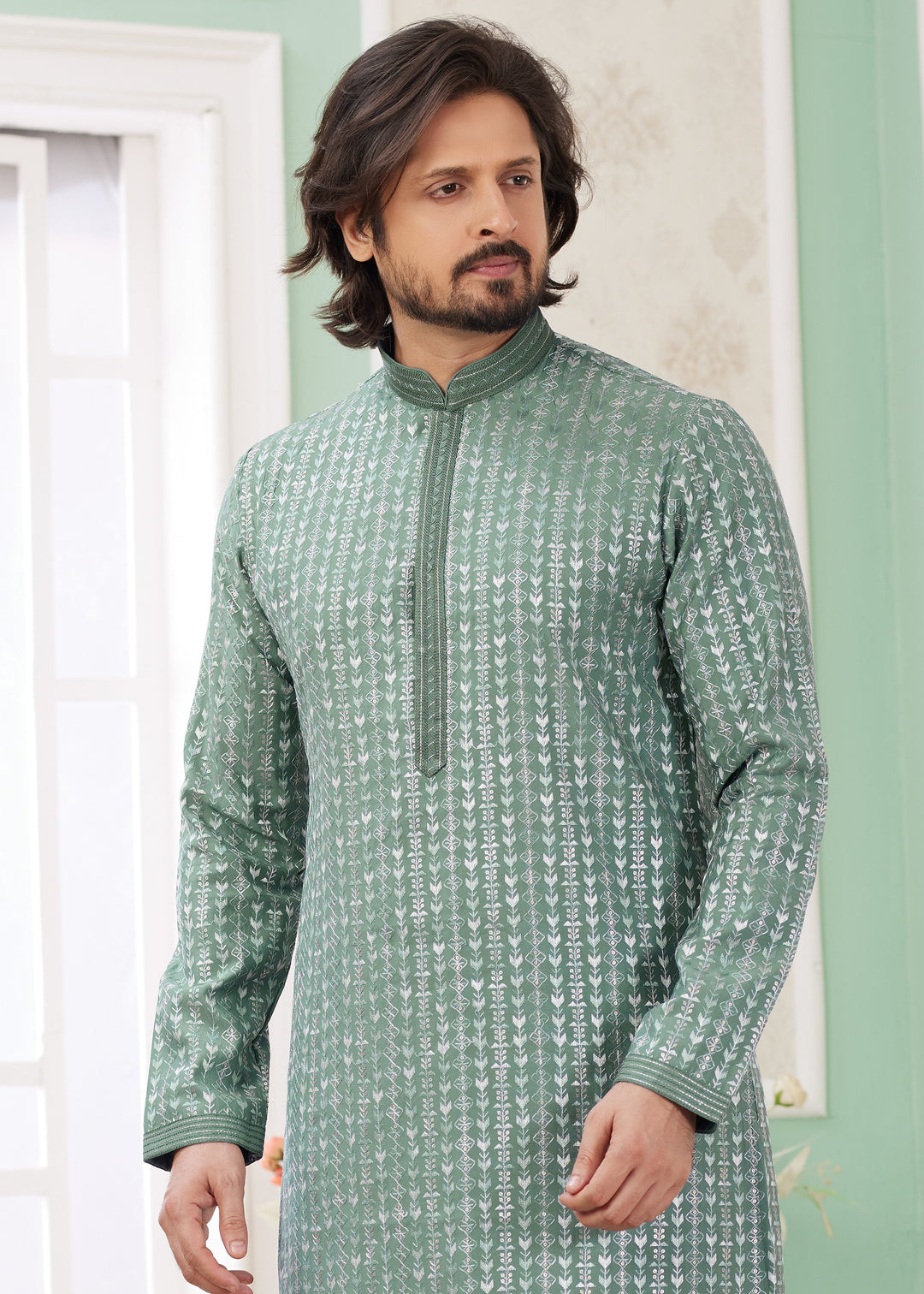 Ocean Green Silk Mens Kurta Set With Thread Embroidery Work