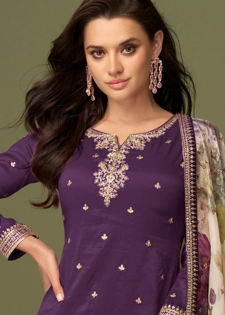 Dark Purple Palazzo Silk Suit With Floral Dupatta