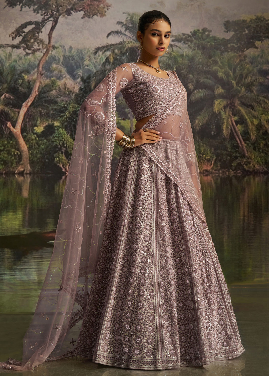 Mauve Soft Net Lehenga With Tonal Embroidery