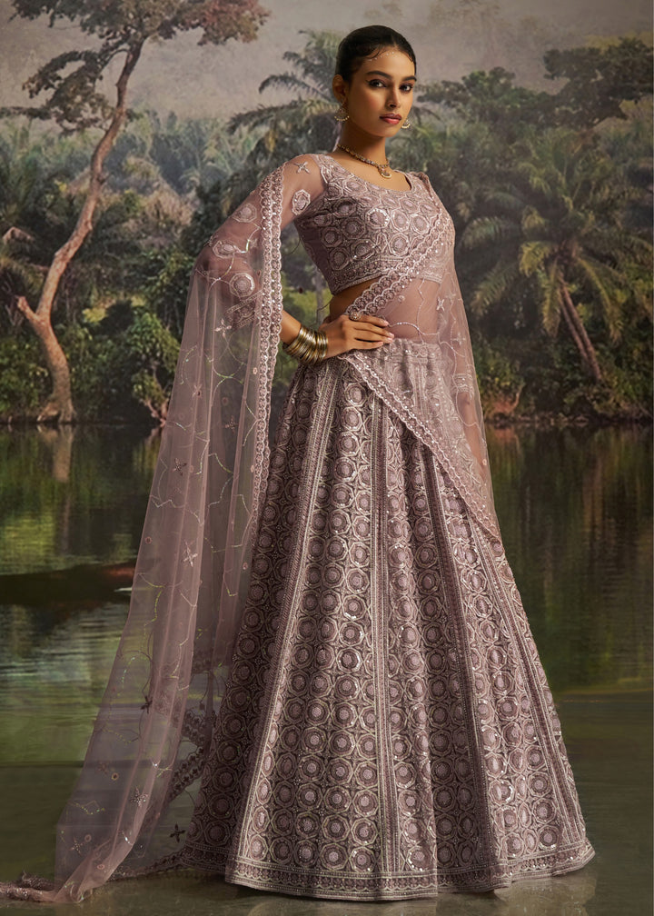 Mauve Soft Net Lehenga With Tonal Embroidery
