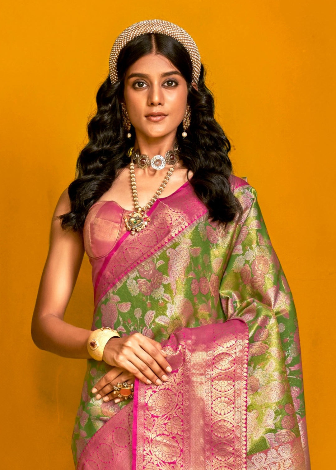 Pink And Green Pure Dharamavaram Silk Saree