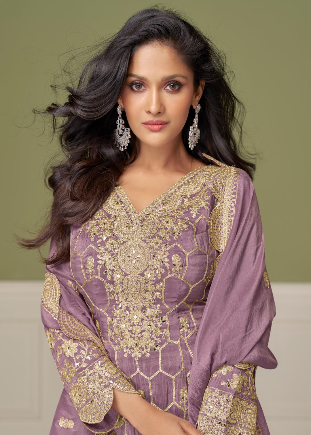 Soft Lavender Purple Silk Salwar Suit With Golden Embroidery