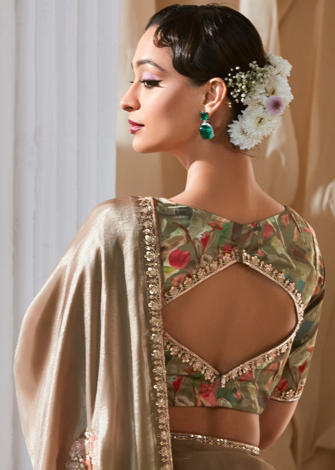 Mocha Brown Fancy Silk Saree With Printed Blouse