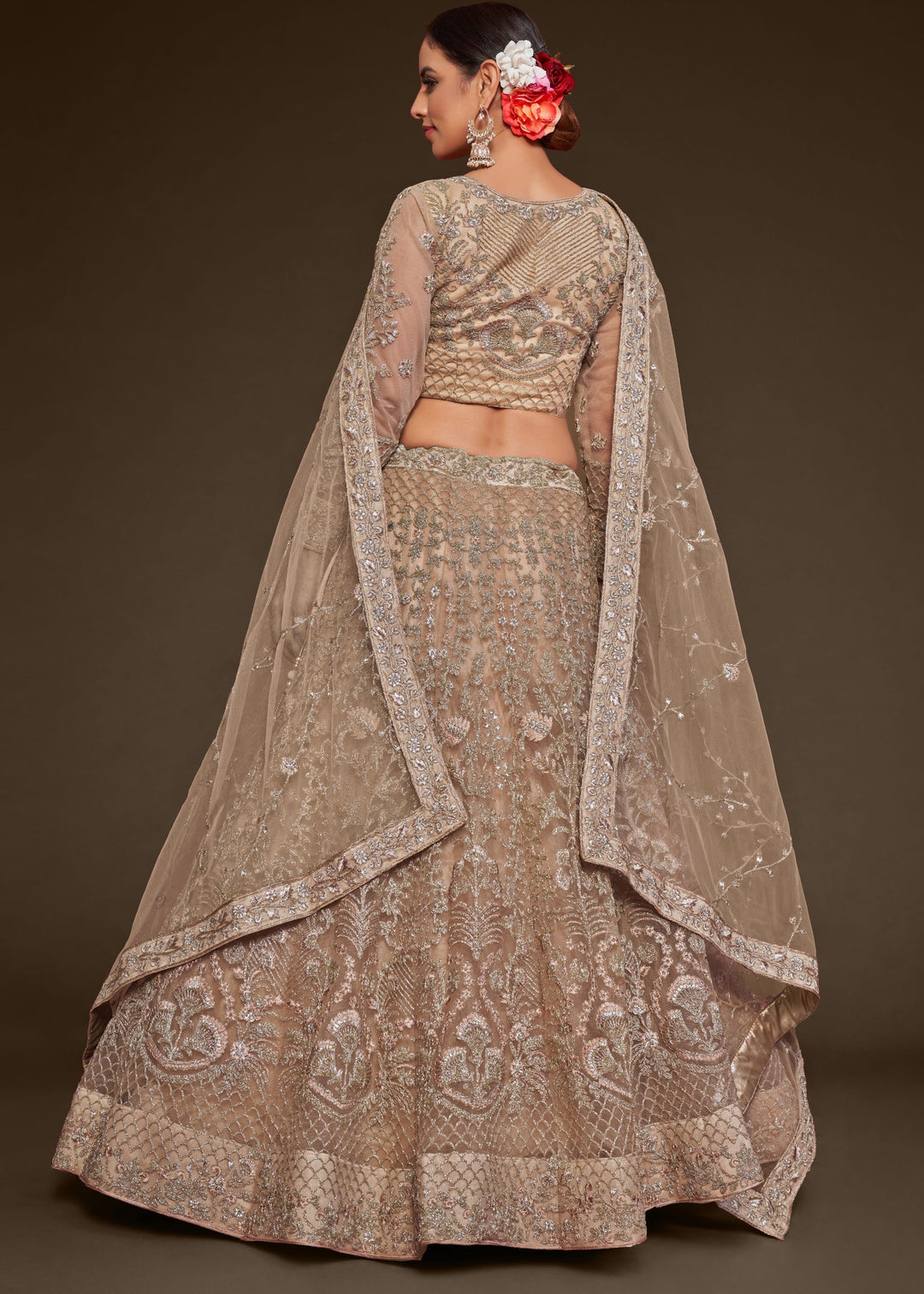 Beige Soft Net Lehenga with Thread, Zari, Badla and Glitter Dori Embroidery Work