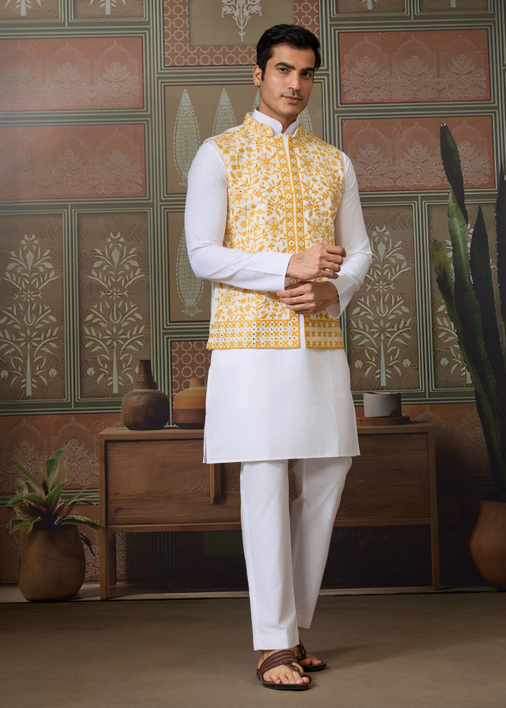 White Kurta And Pant With Sunflower Yellow Embroidered Nehru Jacket