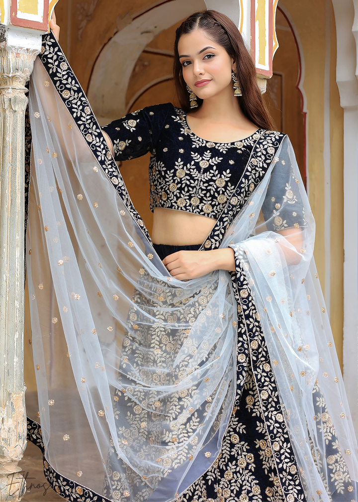 Dark Blue Velvet Lehenga With Dupatta