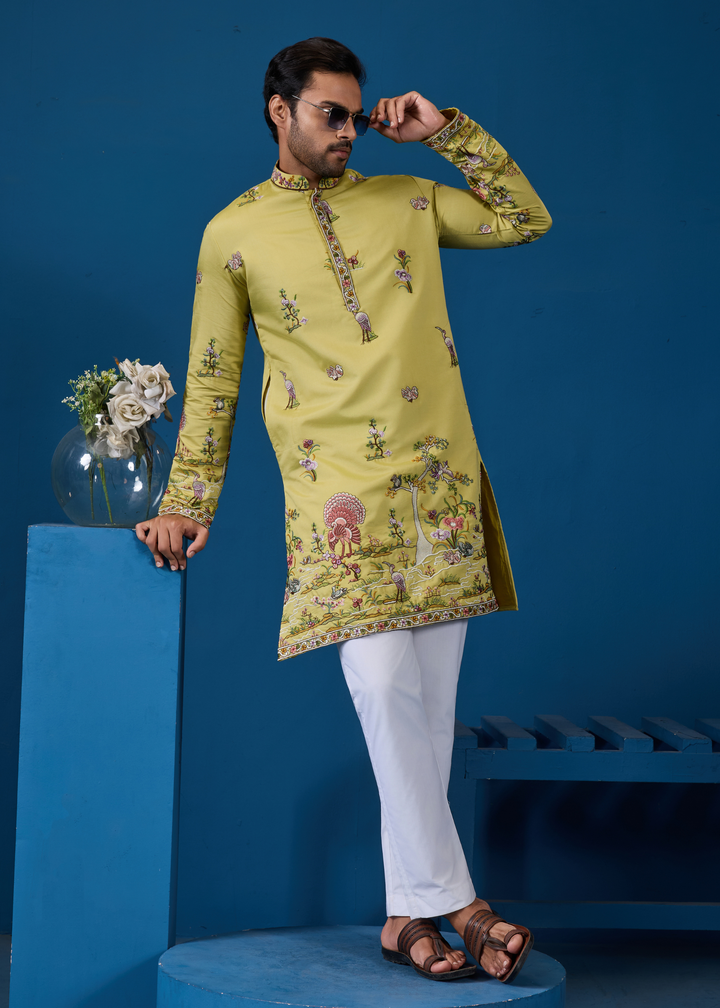 Chartreuse Yellow Mens Wear Kurta with Pant