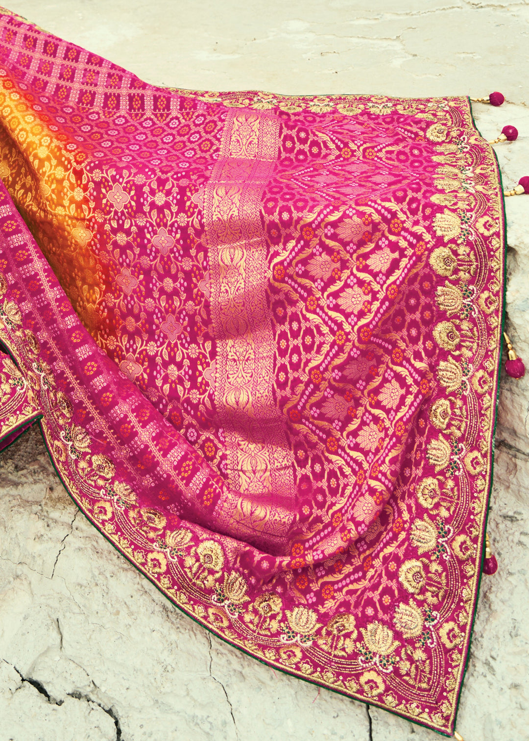 Yellow & Pink Georgette Bandhej Saree With Moti & Cut-Dana Handwork Border