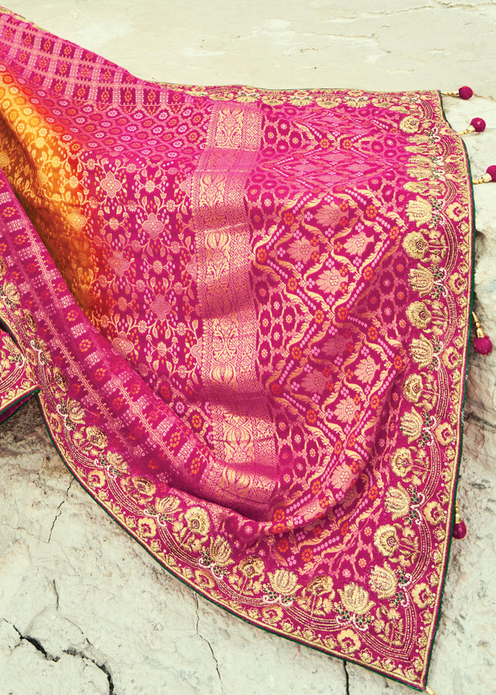 Yellow & Pink Georgette Bandhej Saree With Moti & Cut-Dana Handwork Border
