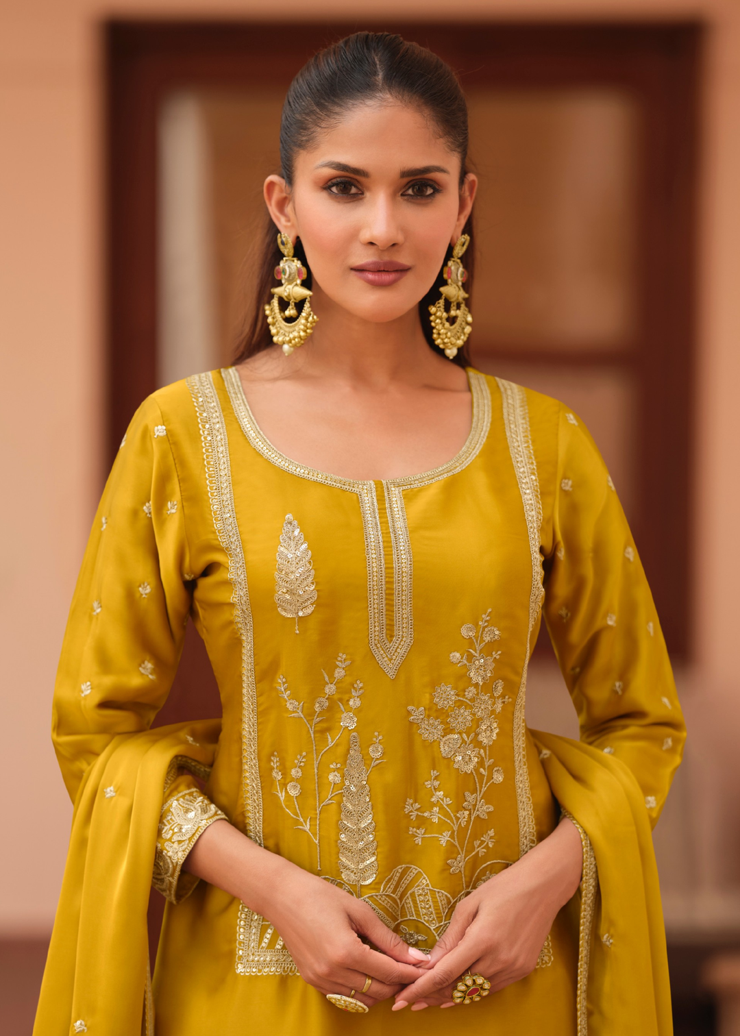 Olive Mustard Silk Satin Sharara Suit