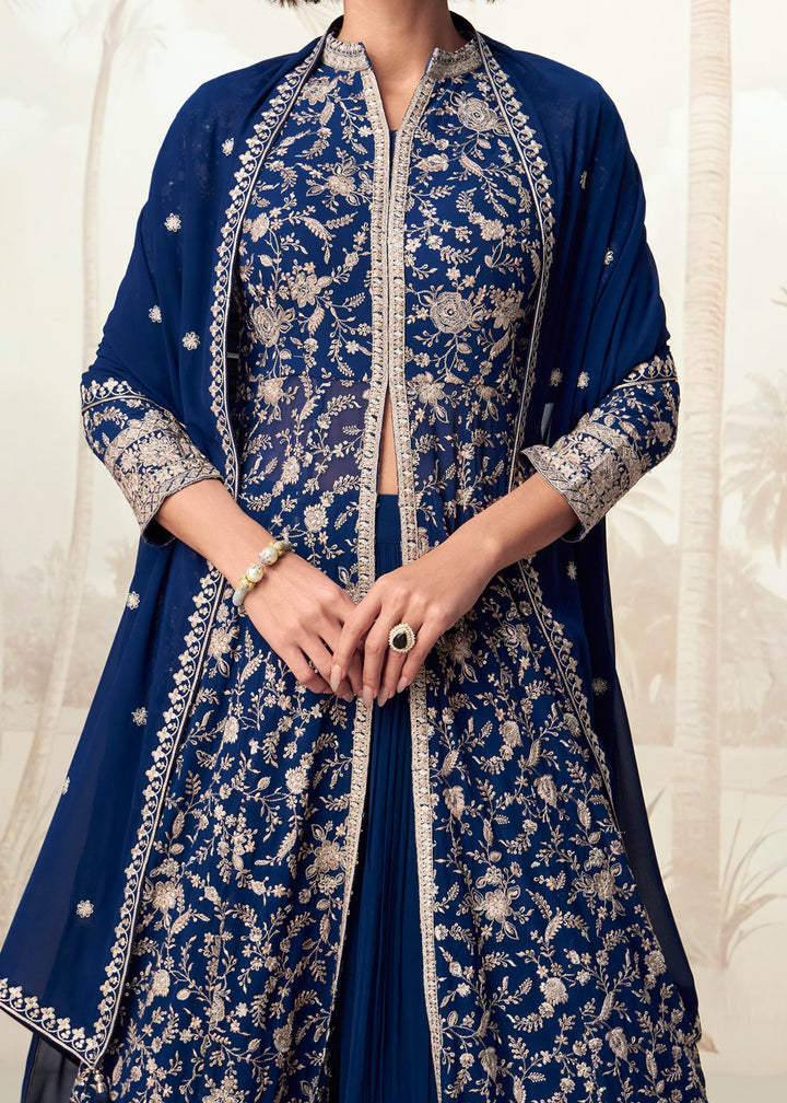 Navy Blue Georgette Anarkali Slit Cut Suit With Thread Embroidered Work
