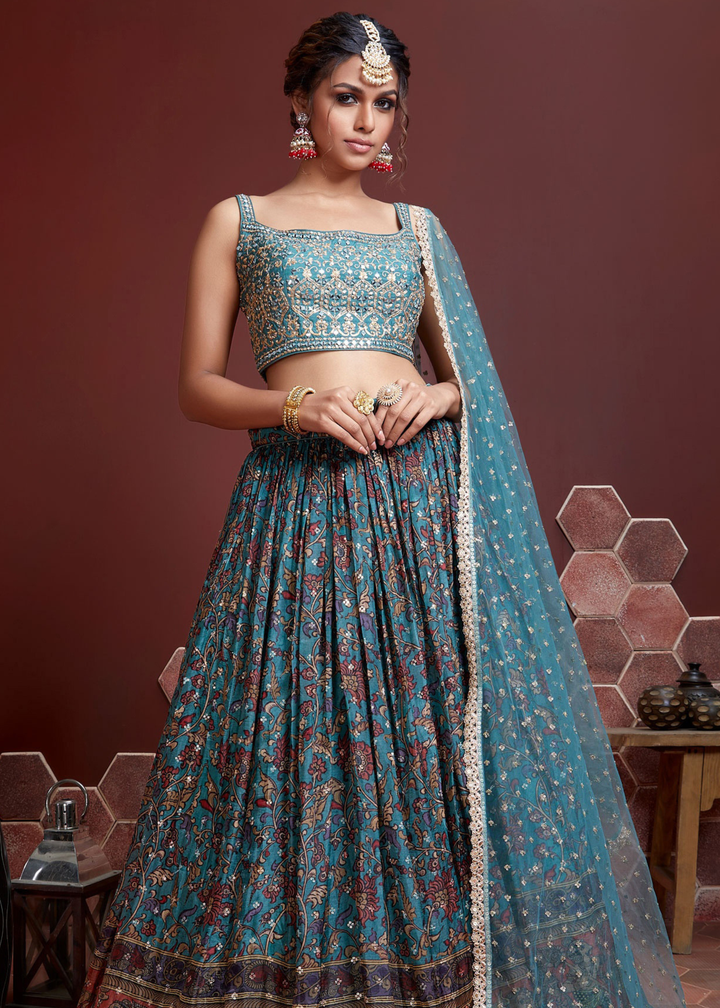 Azure Blue Floral Printed Chinon Silk Lehenga Choli with Sequins & Mirror work