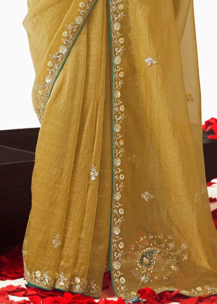 Lime Green Fancy Fabric Silk Saree With Hand Embroidered Work And Cut Work Border