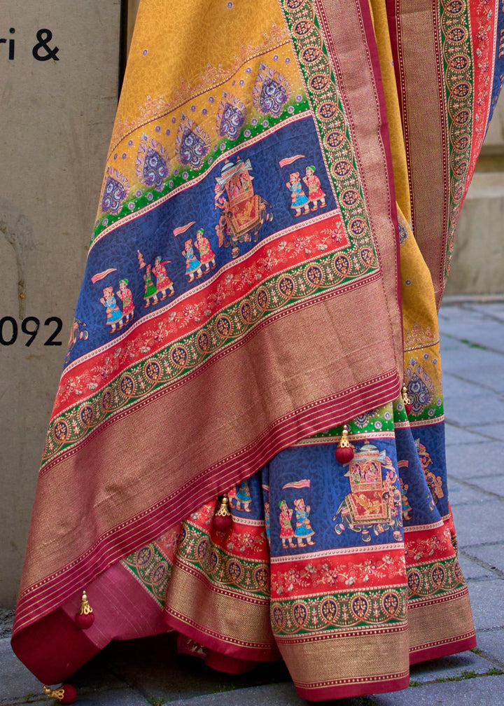 Amber Yellow Poly Viscose Silk Saree With Foil Print