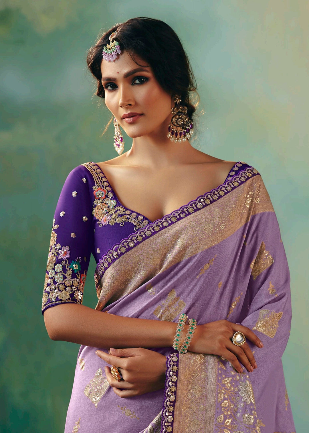 Lavender Pure Viscose Dola Silk Saree with Zari Weaving & Embroidered Blouse : Top Pick