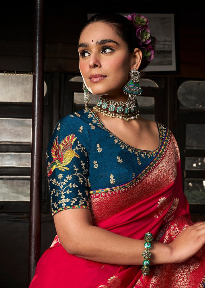 Red Soft Dola Viscous Silk with 3d Weaved Pallu and contrast blouse Saree