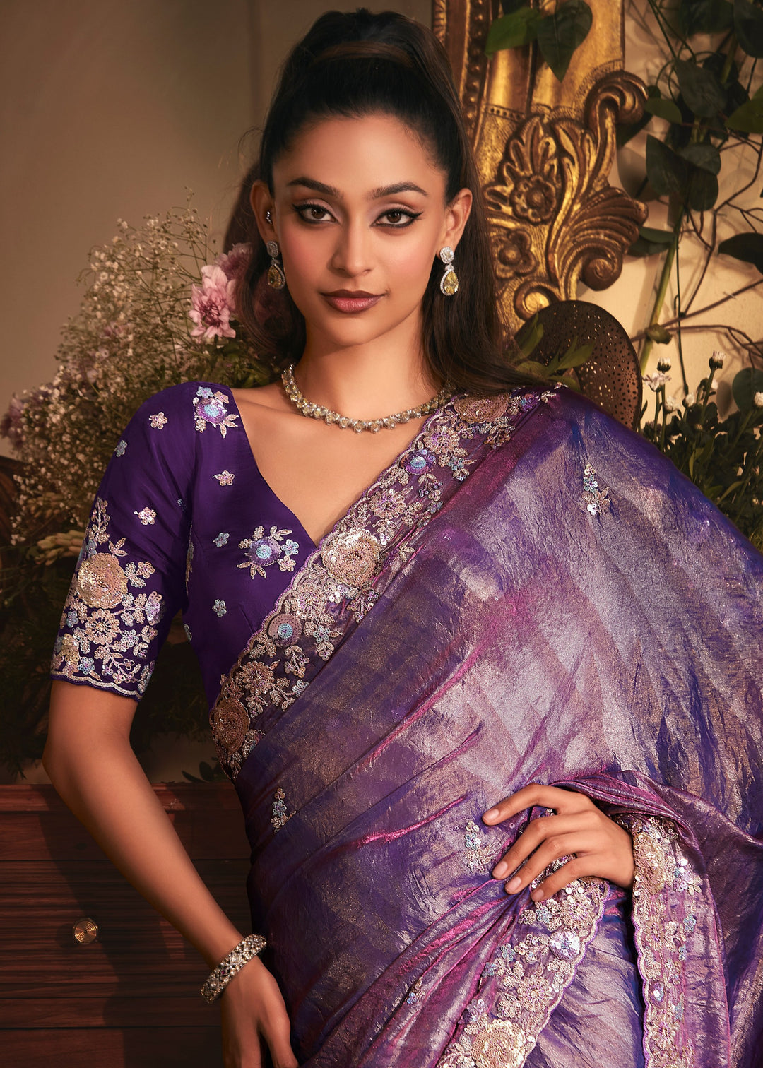 Royal Purple Tissue Organza Saree With Heavy Embroidery