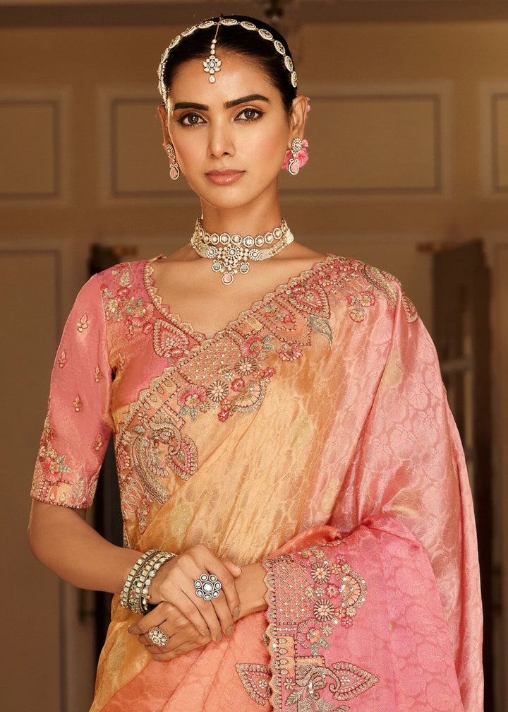 Peach & Coral Ombre With Silver-Grey Embroidery Silk Saree