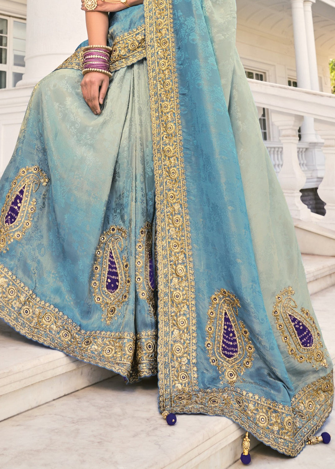 Grey - Blue Natural Crape Jaquard Saree with Jari Work