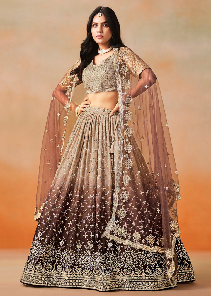 Brown Sequins Zari Embroidered Work Georgette Lehenga