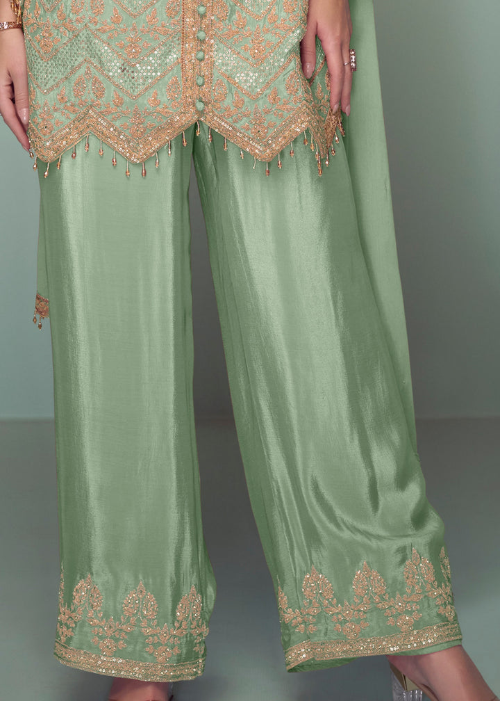 Spring Green Chinnon Silk Plazo Suit With Thread Embroidery