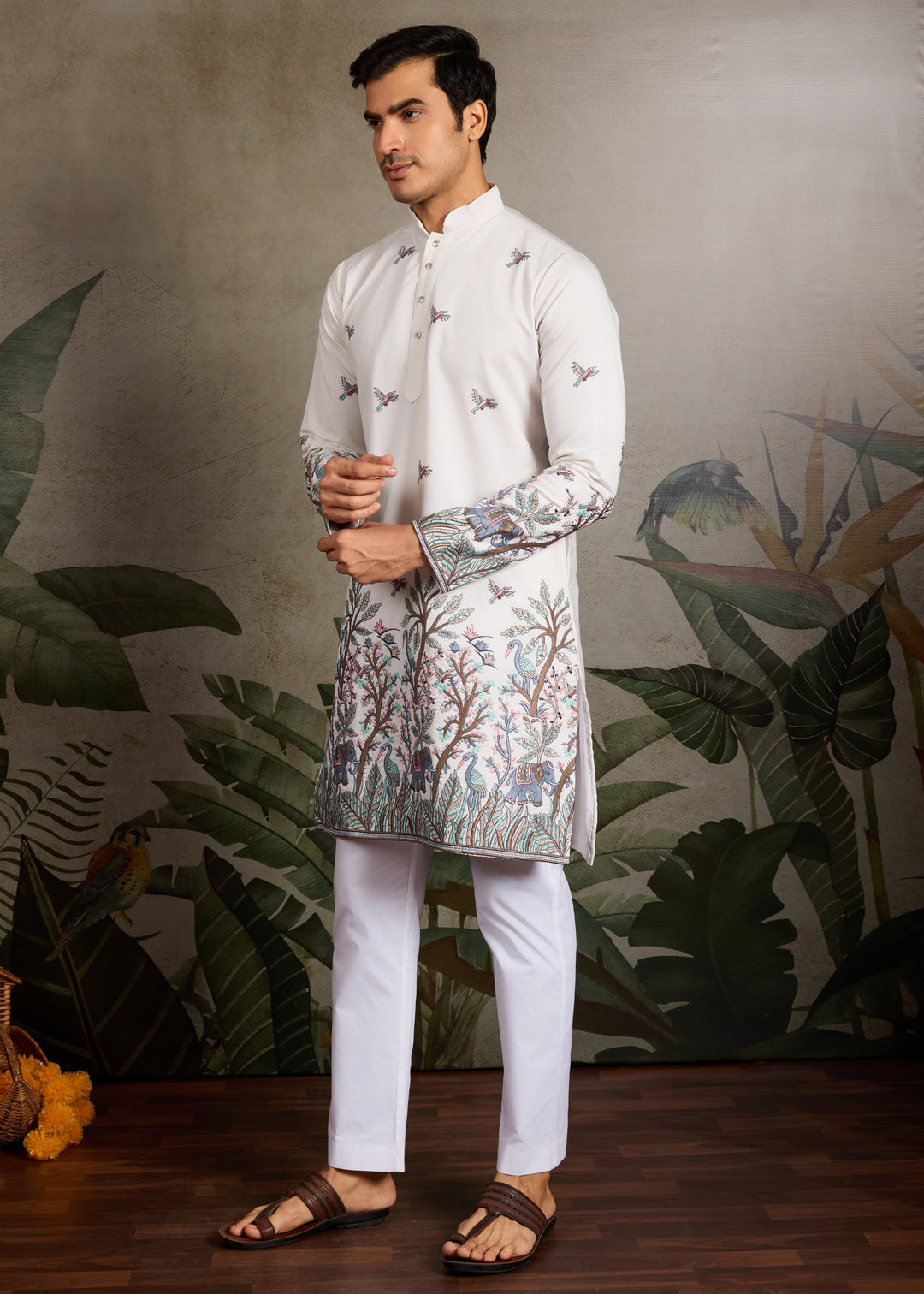 Creamy White Mens Silk Kurta with Pant
