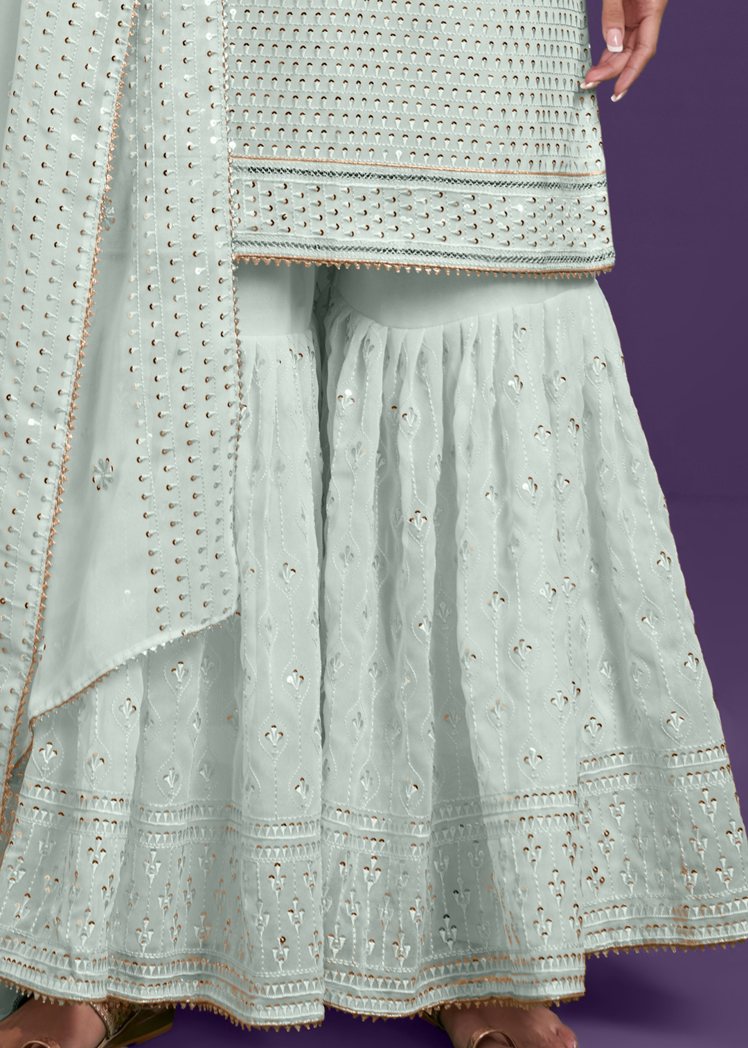 Light Coral Blue Georgette Sharara Suit with Thread, Sequins & Khatli work