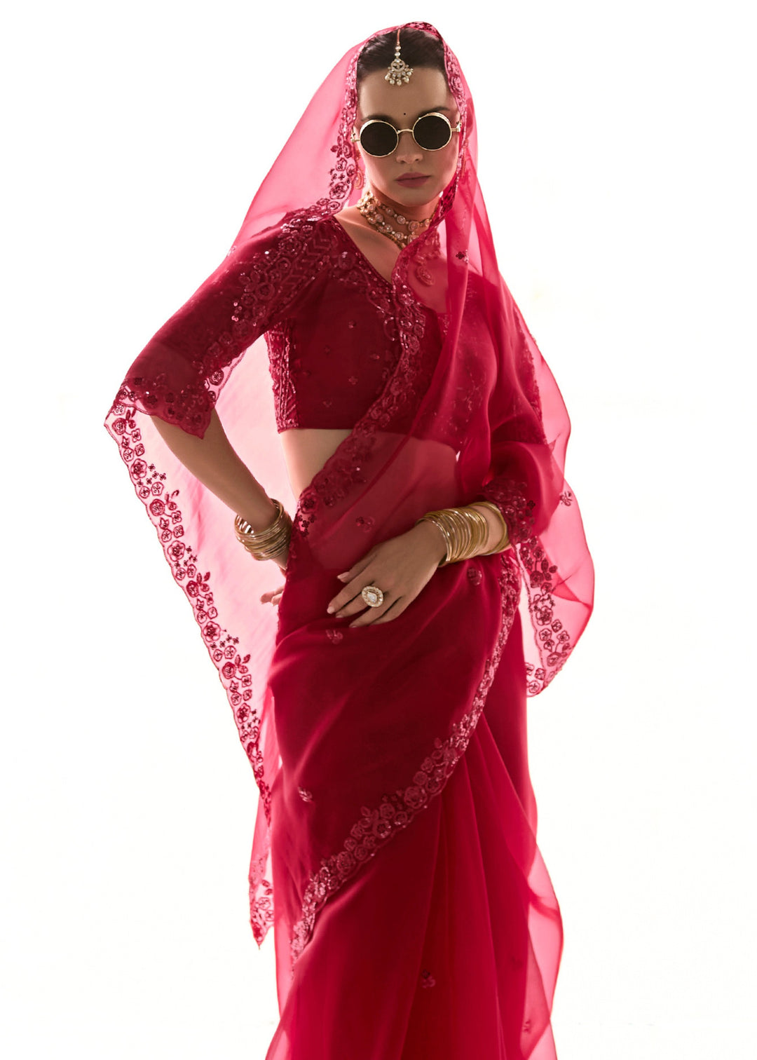 Raspberry Pink Organza Tissue Silk Saree With Heavy Work Border And Designer Blouse