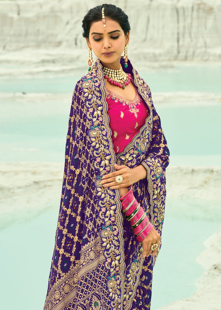 Purple Georgette Bandhej Saree With Moti & Cut-Dana Handwork Border