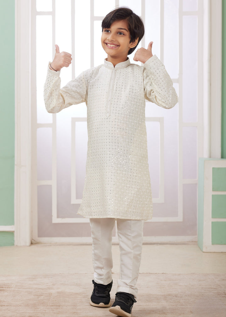 Pearl White Silk Kurta Set With Thread Embroidery Work