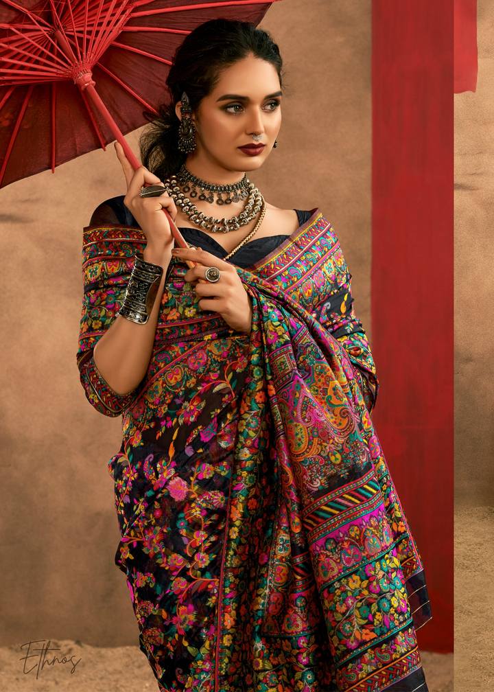 Noir Black with Multicolour Kashmiri Floral Weave Saree