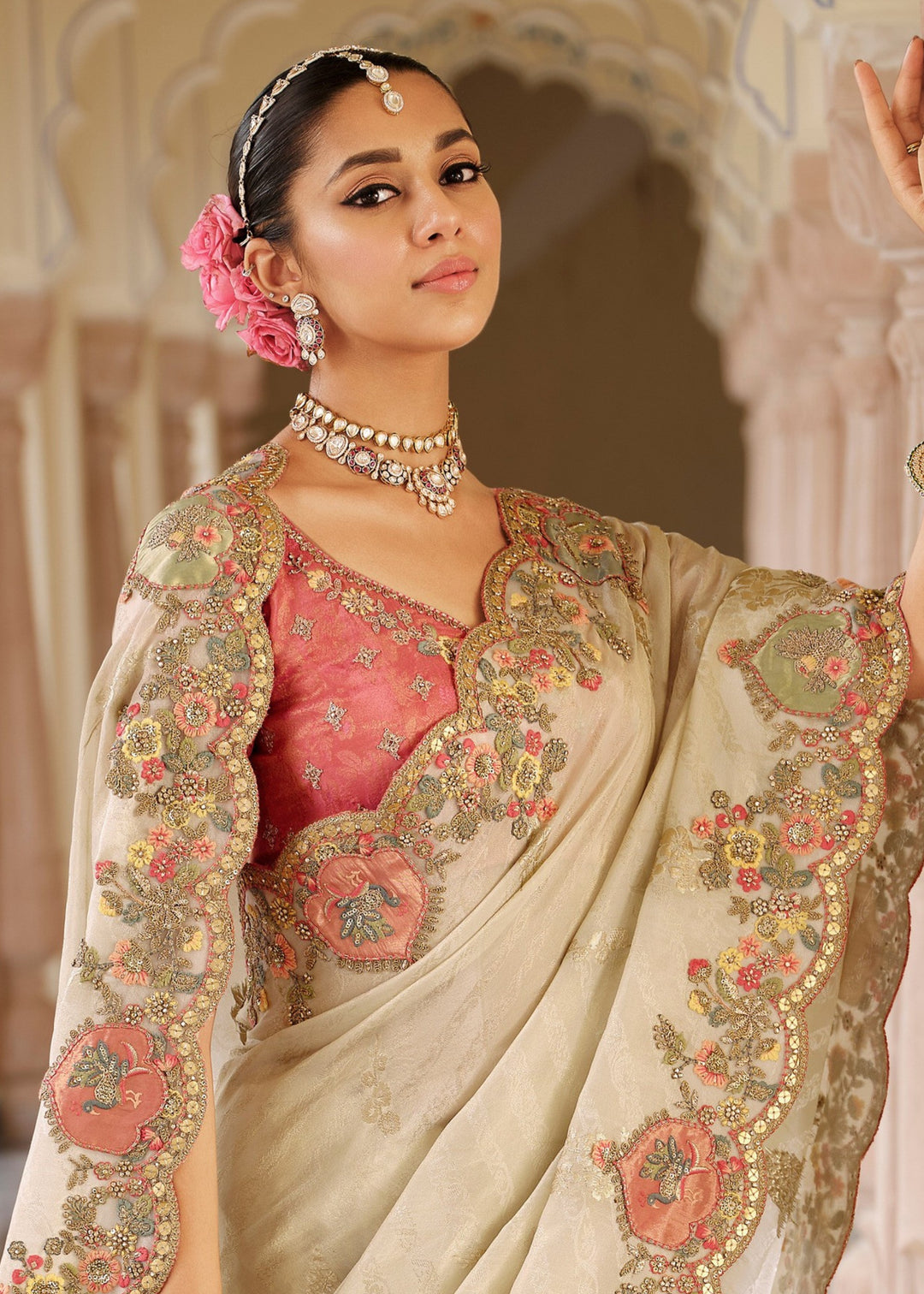 Pastel Cream with Peach-Pink floral border Silk Saree