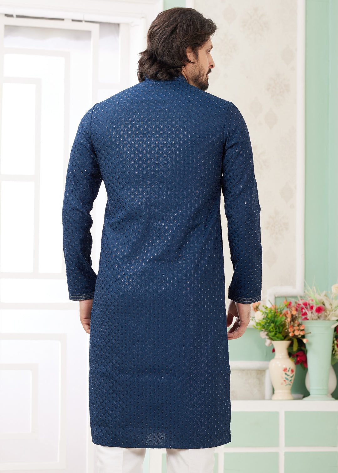 Teal Blue Silk Mens Kurta Set With Thread Embroidery Work