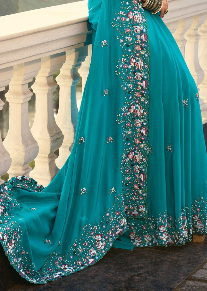 Firozi Pure Crape Saree With Moti Work