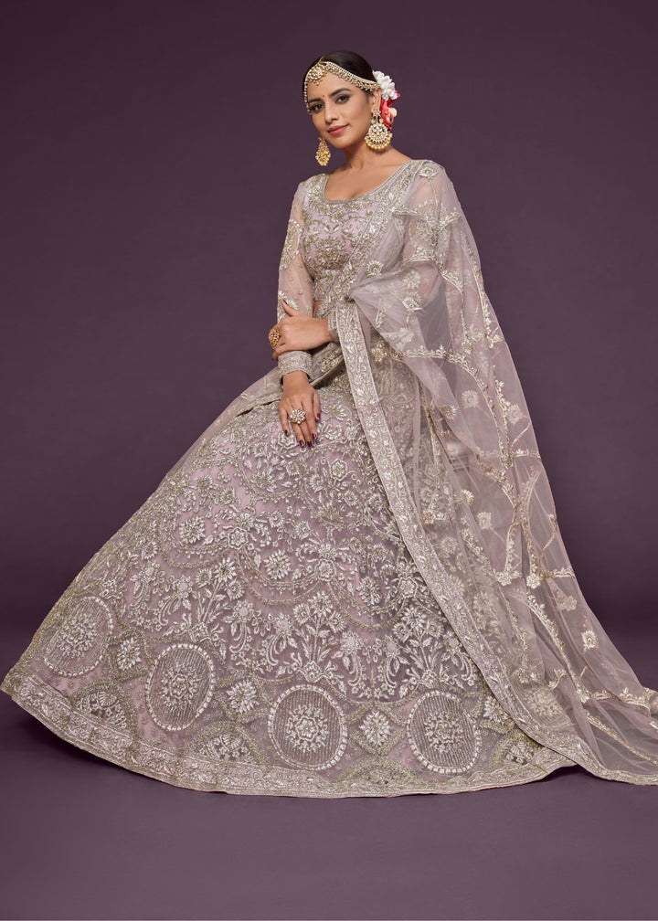 Orchid Soft Net Lehenga with Thread, Zari, Badla and Glitter Dori Embroidery Work