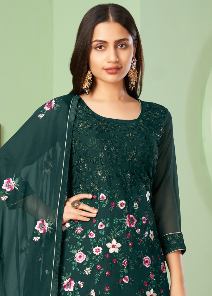 Sacramento Green Georgette Salwar Suit with Multi Colour Thread Embroidery & Sequence work