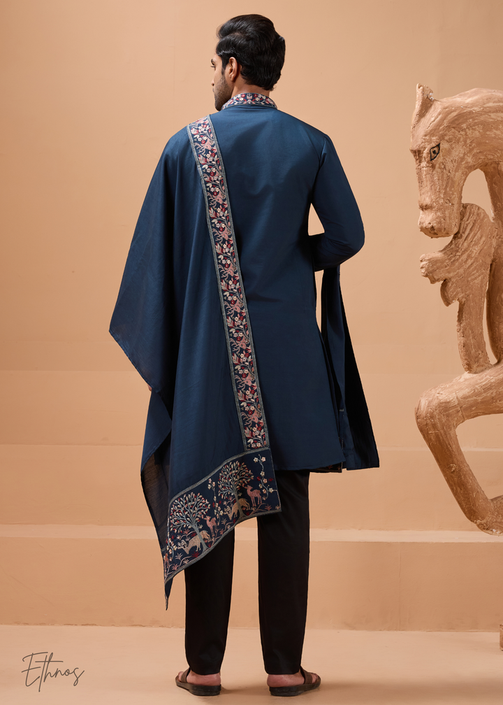Teal Blue Mens Wear Silk Kurta With Pant And Dupatta