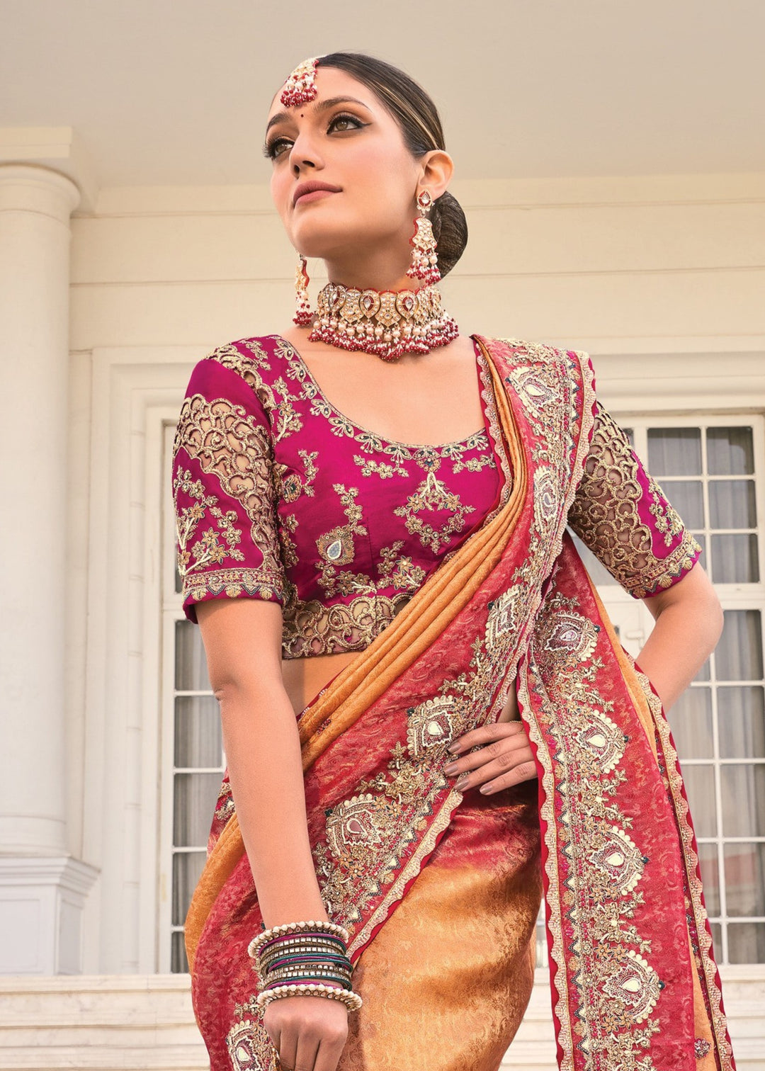 Peach Natural Crape Jaquard Saree With Jari Work